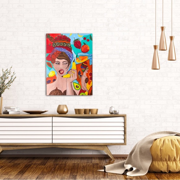 Fruit is Life, medium size painting, vegan, vegetarian woman, original home deco - Picture 3 of 7
